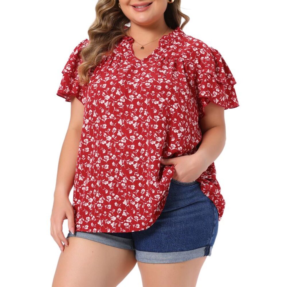 Women Plus Size Floral Top Ruffle V Neck Double Sleeve Blouse Red